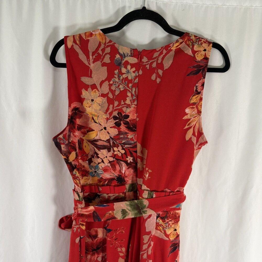 Beige by ECI Jumpsuit Women's Medium Red Floral V-Neck Belted Wide Leg - Picture 7 of 13